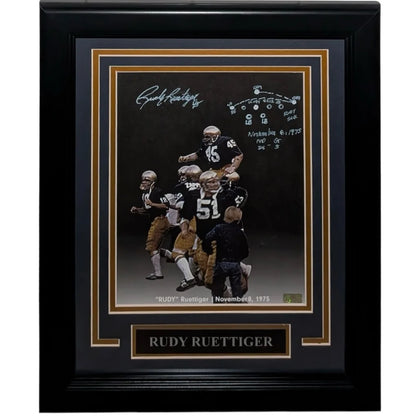 Autographed Rudy Ruettiger Notre Dame 8x10 photo with black frame and gold accents