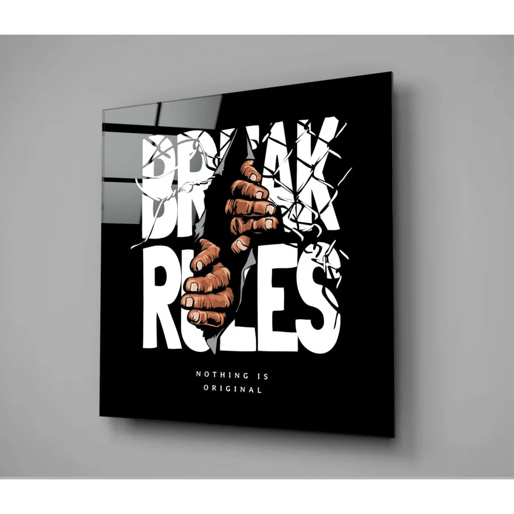 Bold Break Rules glass wall art with hand typography on mirror