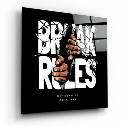 Black glass wall art with Break Rules typography and barbed wire hands