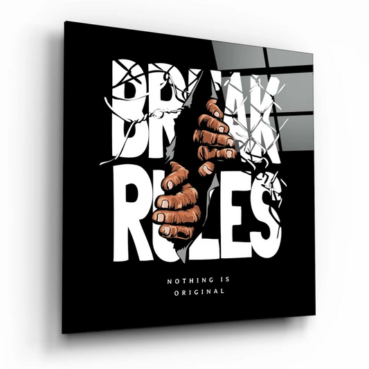 Black glass wall art with Break Rules typography and barbed wire hands
