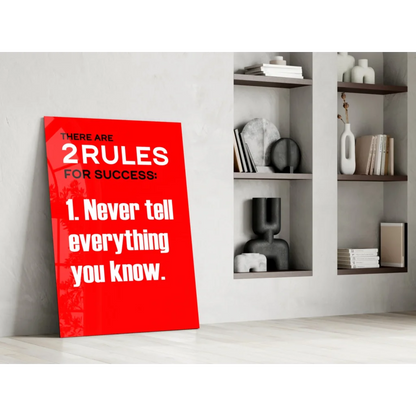 Vibrant red glass wall art canvas with bold white text: There are 2 rules for success: 1