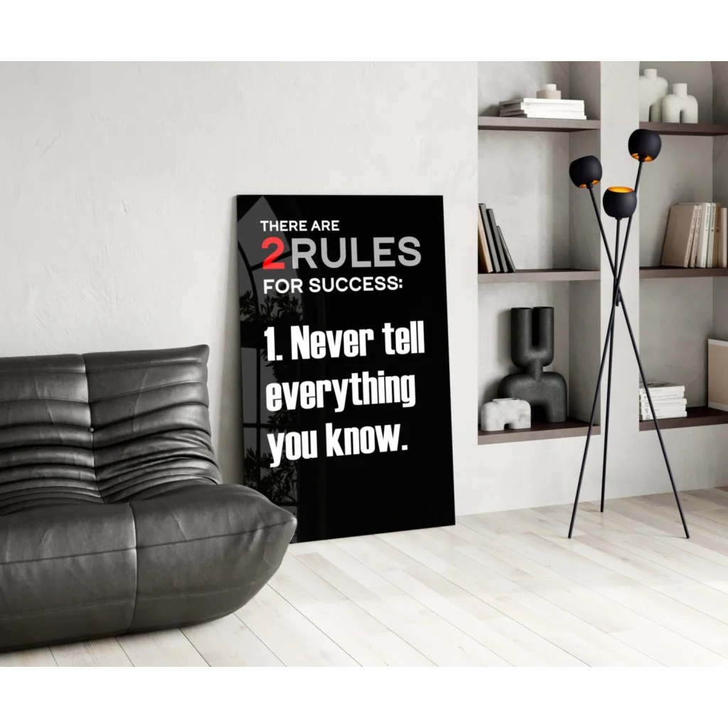 Bold black glass wall art poster: 2 rules for success, rule 1 in white and red text