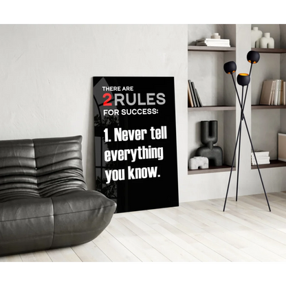 Bold black glass wall art poster: 2 rules for success, rule 1 in white and red text