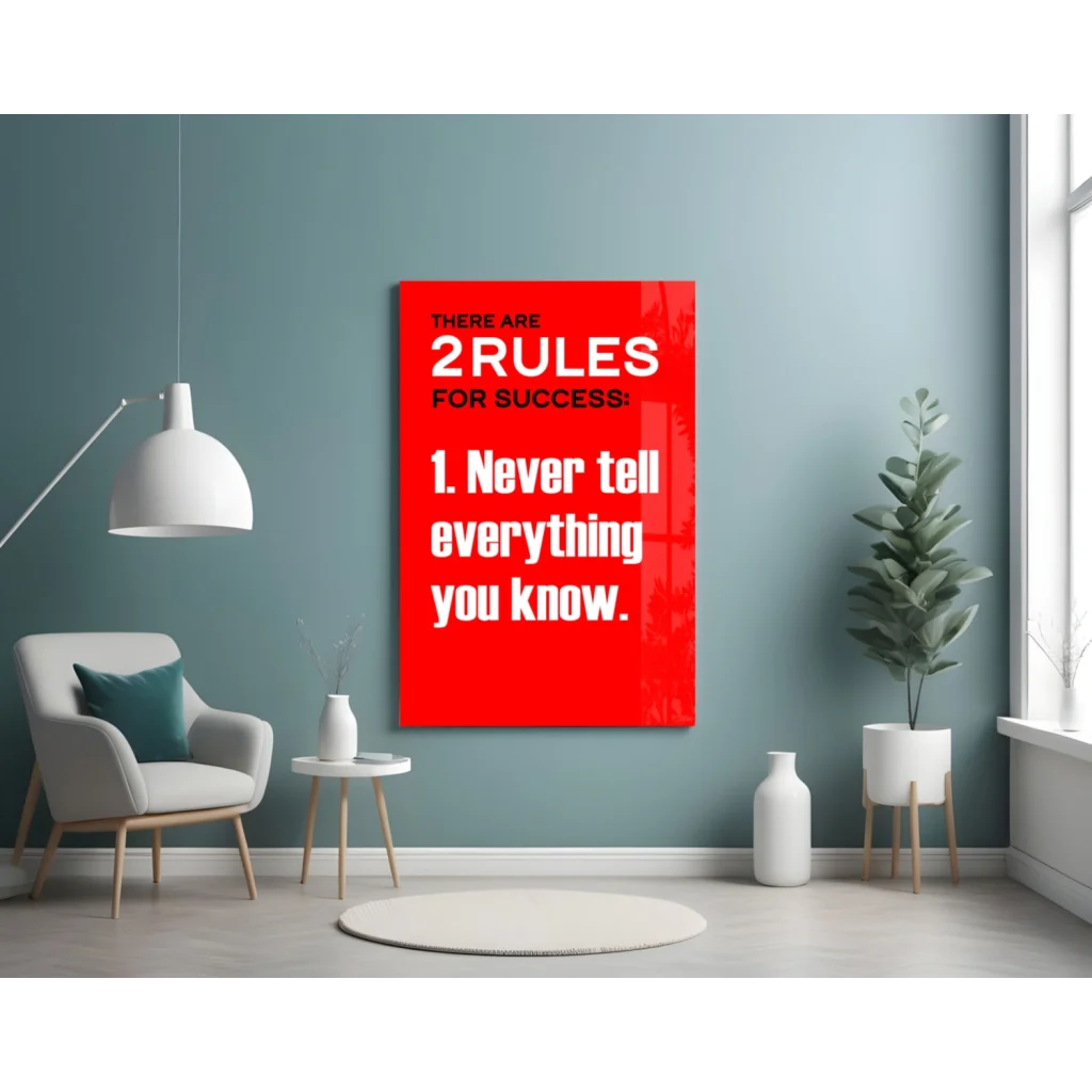 Vibrant red glass wall art canvas print with bold white text: there are 2 rules for success: 1