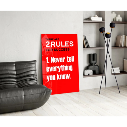 Vibrant red motivational glass wall art with bold white text: there are 2 rules for success: 1