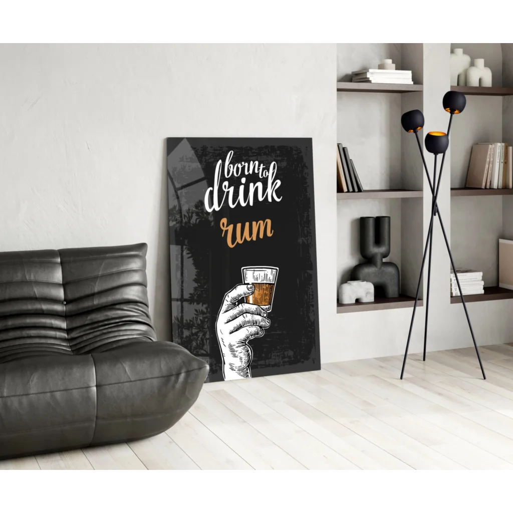 Black canvas wall art with chalk hand holding rum glass and Born to Drink Rum text