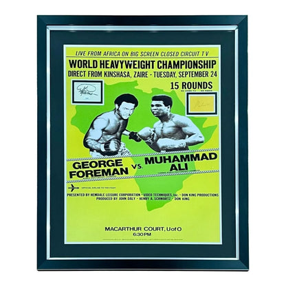 Framed Rumble in the Jungle fight poster deluxe with Ali and Foreman autographs
