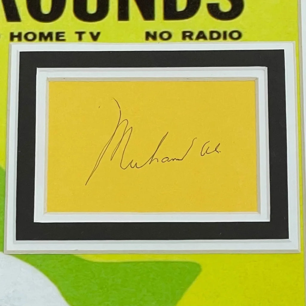 Framed Muhammad Ali autograph card on Rumble in the Jungle fight poster deluxe