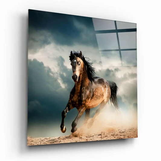 Dynamic brown horse galloping in stormy tones on glass wall art