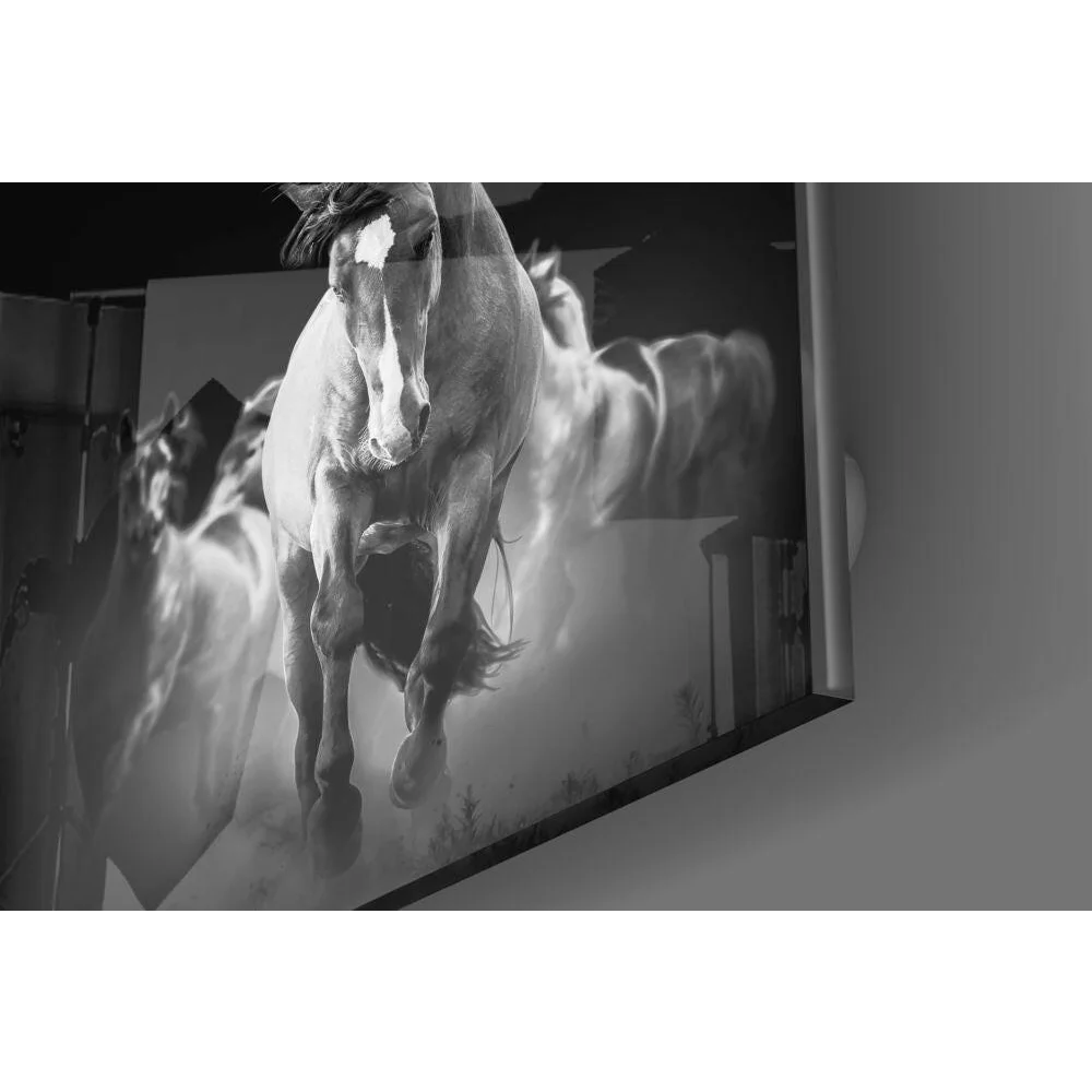 Galloping horse glass wall art with motion blur effect
