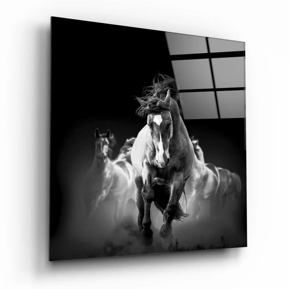 Dynamic black-and-white galloping horse glass wall art with motion blur