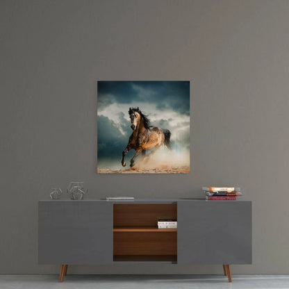 Galloping brown horse glass wall art in stormy tones