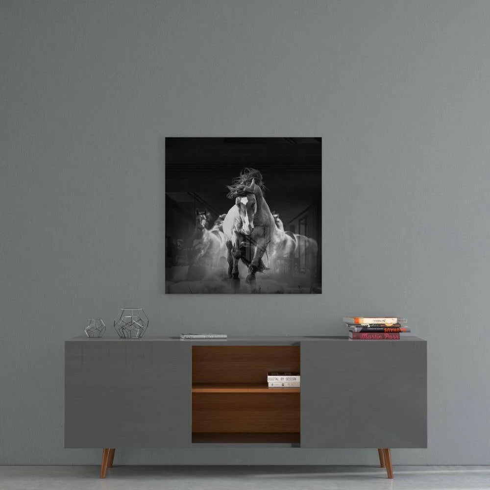 Galloping horse glass wall art with motion blur on gray wall