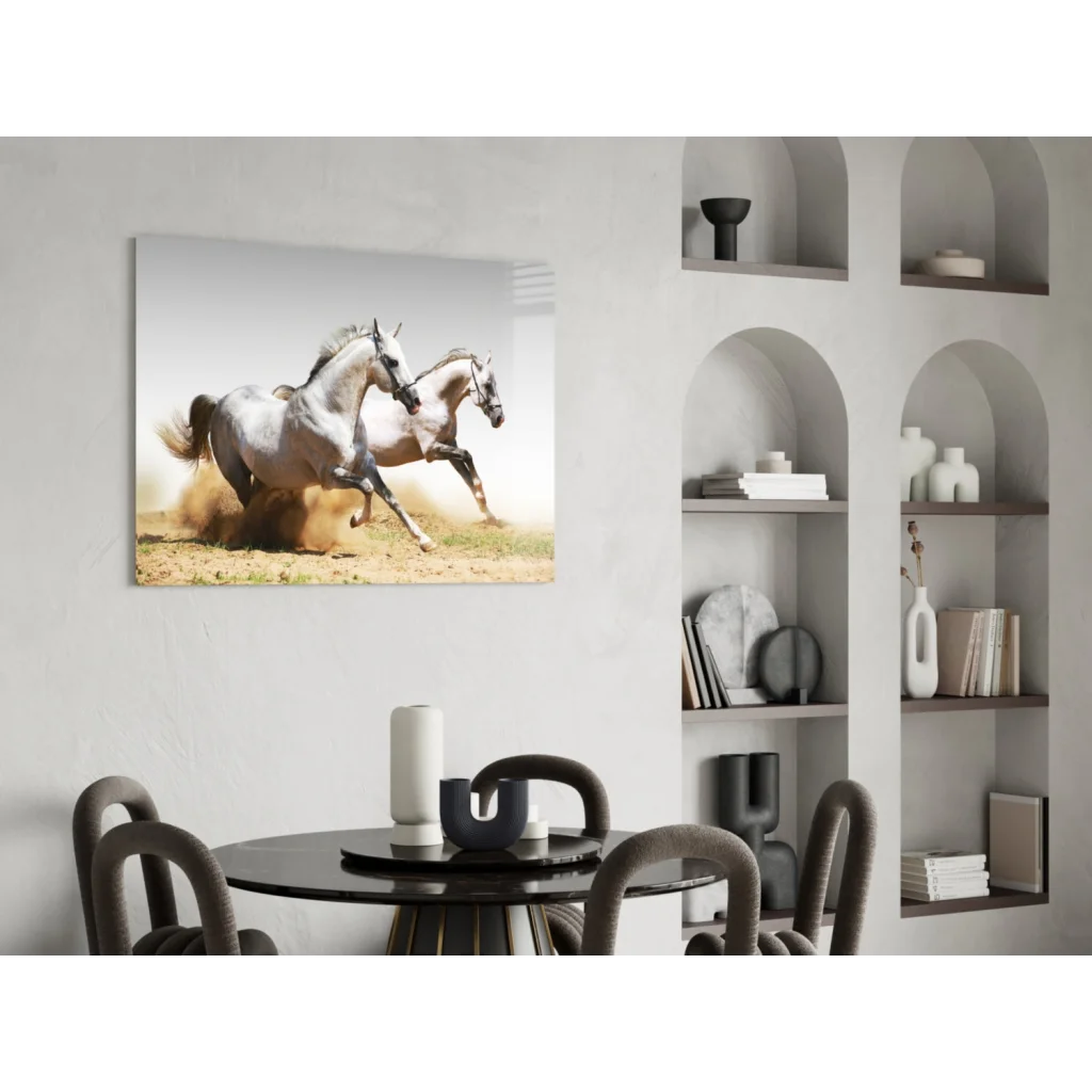 Dynamic white horses galloping on glass wall art canvas print