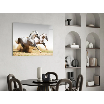 Dynamic white horses galloping on glass wall art canvas print