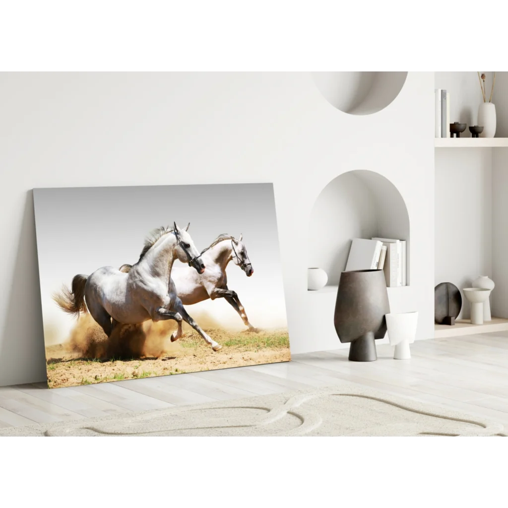 Dynamic white horses galloping in glass wall art canvas print