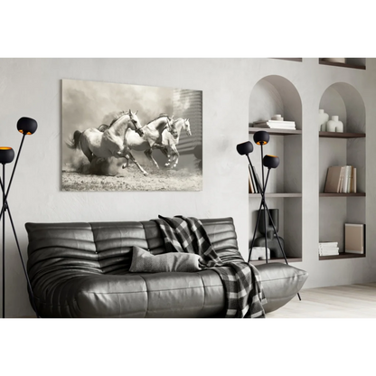 Black and white galloping horses canvas wall art print