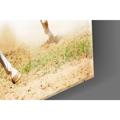 Dynamic glass wall art of horse legs kicking dust over grass