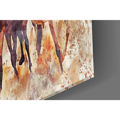 Wild horses in motion glass wall art canvas print with brown orange drips