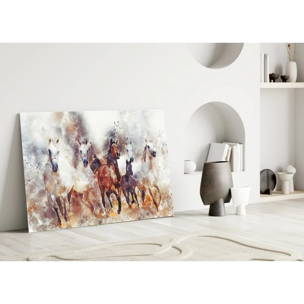 Dynamic wild horses in motion glass wall art canvas print