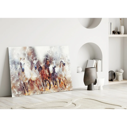 Dynamic wild horses in motion glass wall art canvas print
