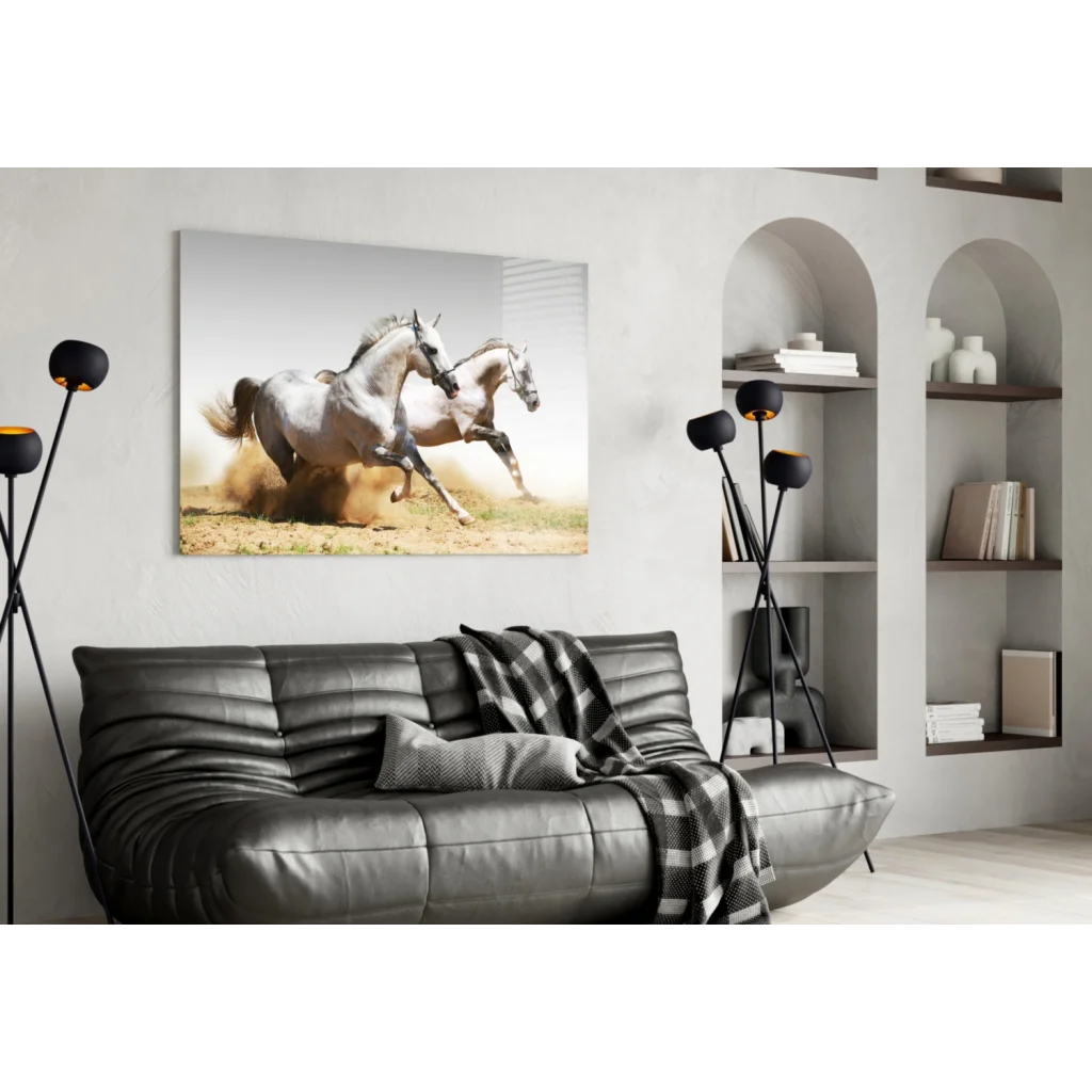 Dynamic white horses galloping on glass wall art canvas print