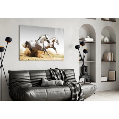 Dynamic white horses galloping on glass wall art canvas print