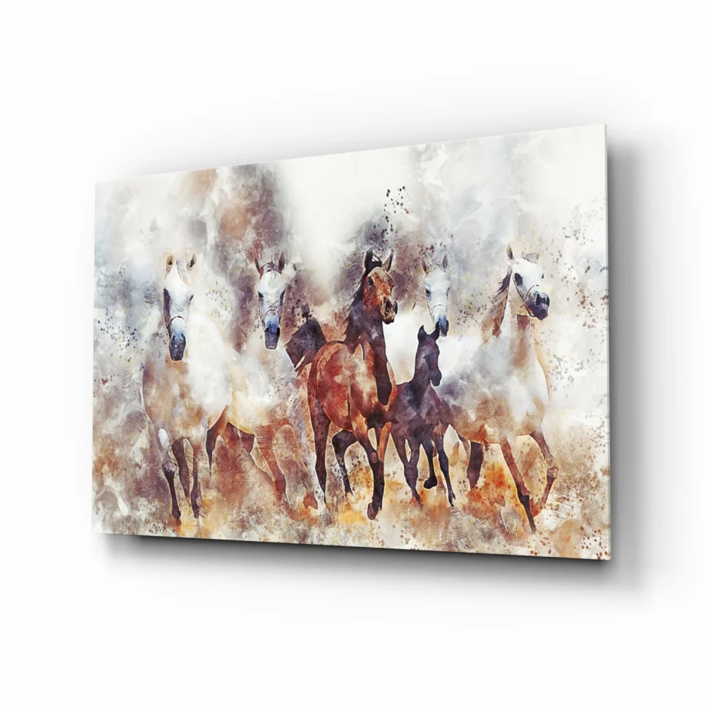 Wild Horses in Motion glass wall art canvas print with watercolor horses