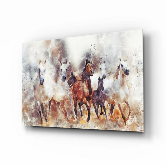 Wild Horses in Motion glass wall art canvas print with watercolor horses