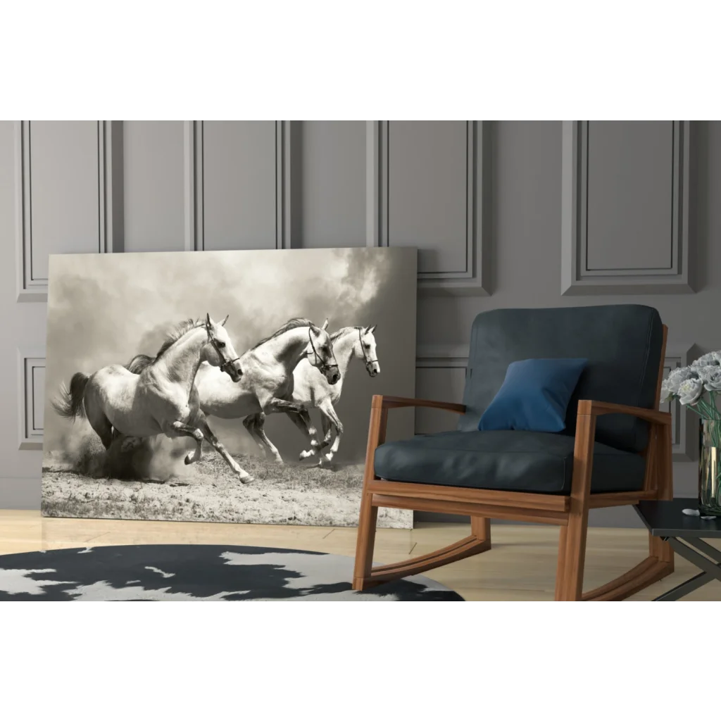 Dynamic black and white horses galloping wall art canvas print