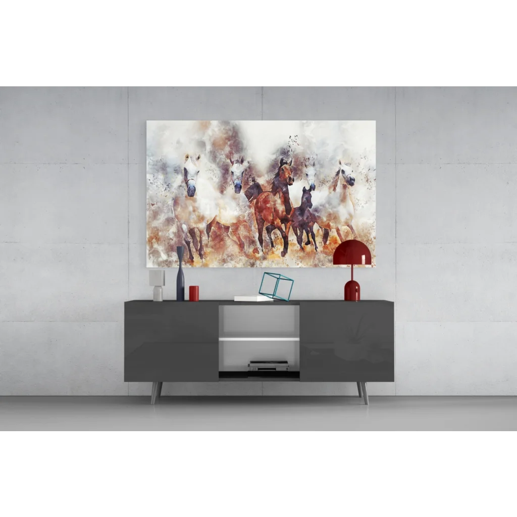 Abstract watercolor horses in earthy tones on glass wall art canvas print