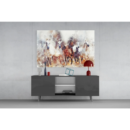Abstract watercolor horses in earthy tones on glass wall art canvas print