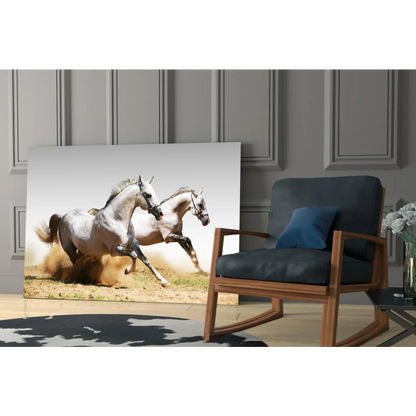 White galloping horses glass wall art canvas print in motion