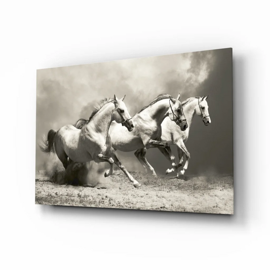 Black and white canvas wall art of three horses galloping in dusty field