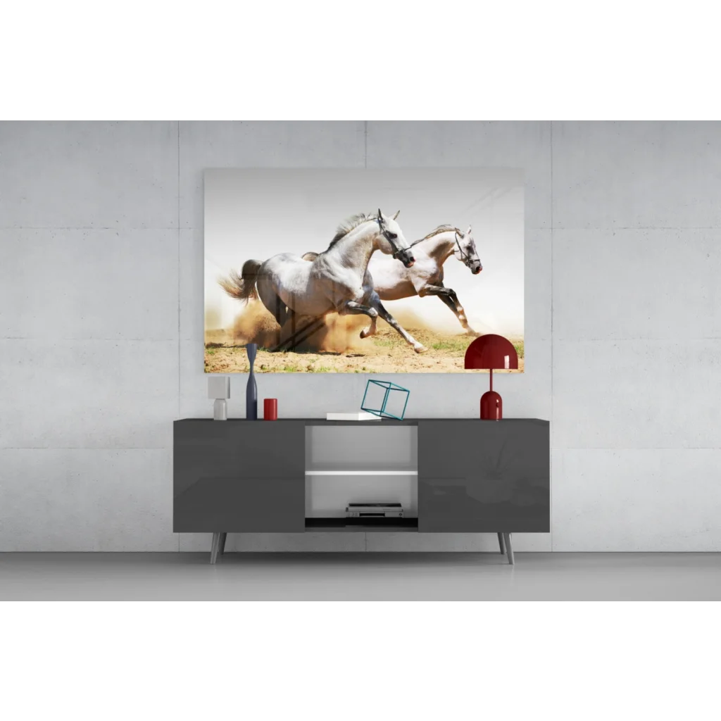 Modern gray console table under Wild Horses glass wall art canvas print