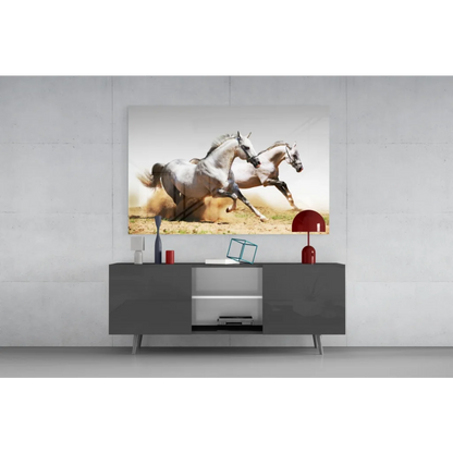 Modern gray console table under Wild Horses glass wall art canvas print