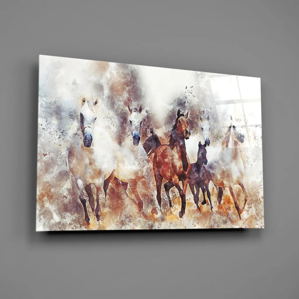 Dynamic watercolor horses in motion on glass wall art canvas print