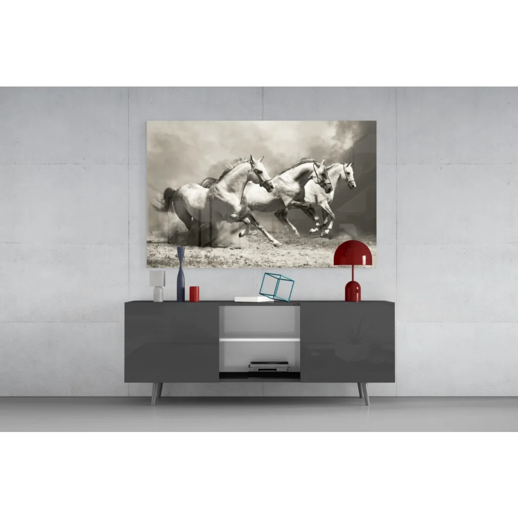 Black and white galloping horses canvas wall art on gray console table