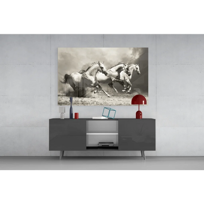 Black and white galloping horses canvas wall art on gray console table