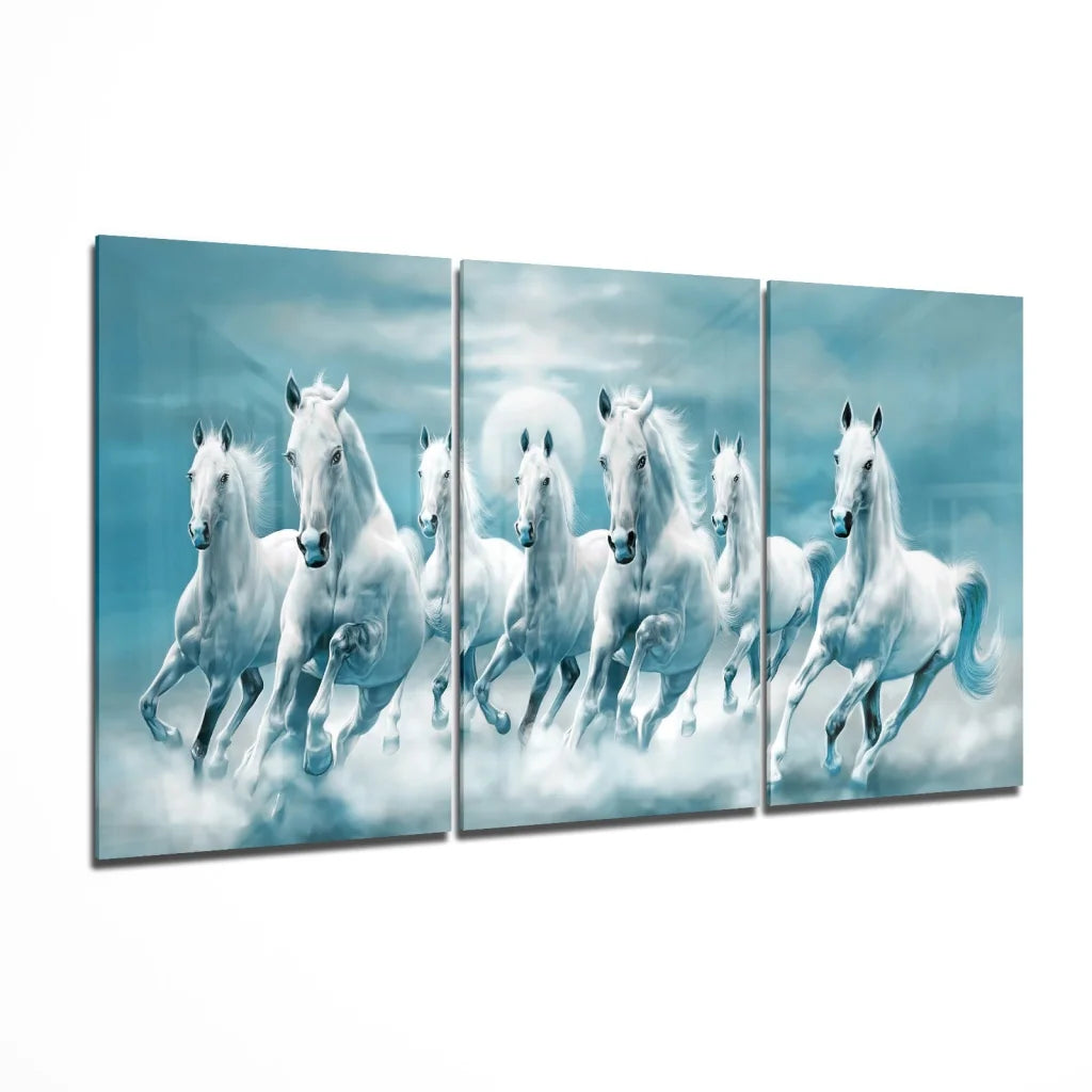 Seven White Horses Triptych Glass Art Canvas | Insigneart USA | vintageantiquesgifts.com