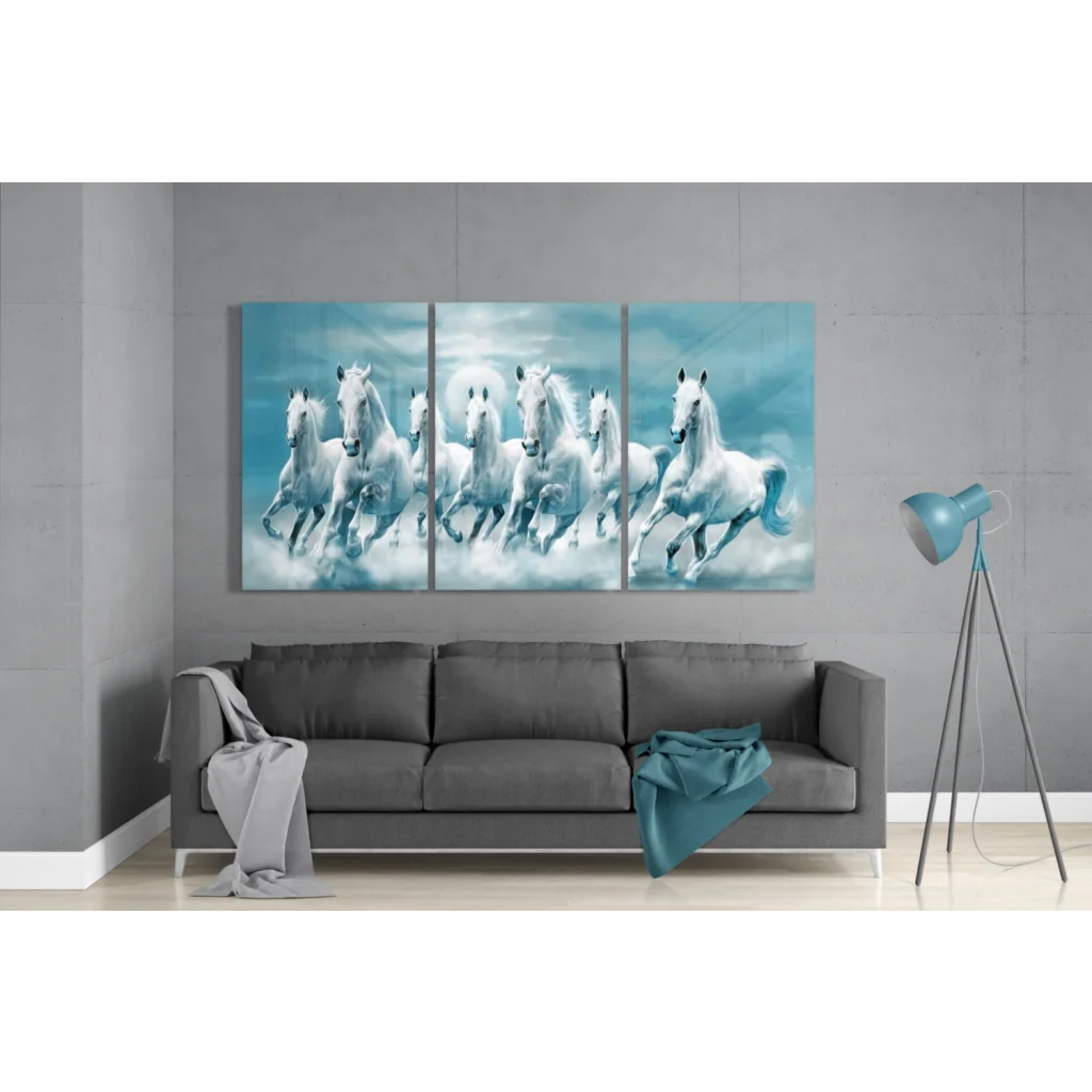 Seven White Horses Triptych Glass Art Canvas | Modern Wall Art Decor | vintageantiquesgifts.com