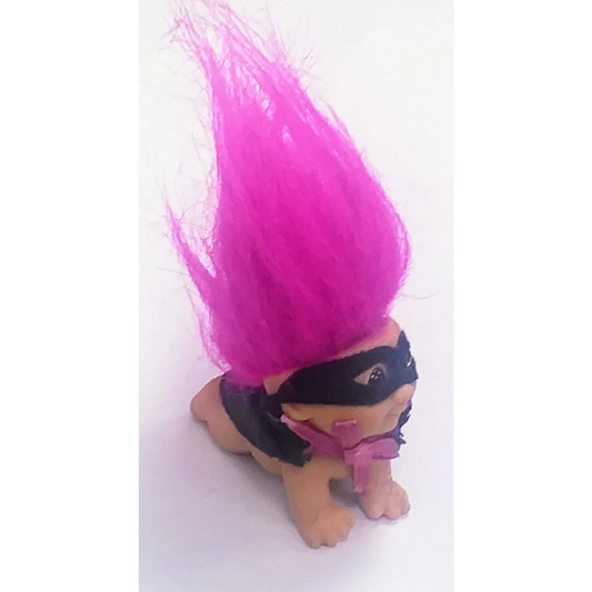 Spooky pink Halloween crawling troll figure in plush with black mask and cape