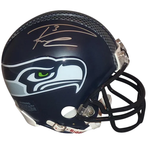 Navy blue seahawks mini helmet with white and green logo autographed by russell wilson in rw holo edition