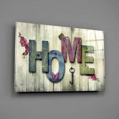 Rustic wooden wall art with Home in colorful letters, pink flowers, vintage key