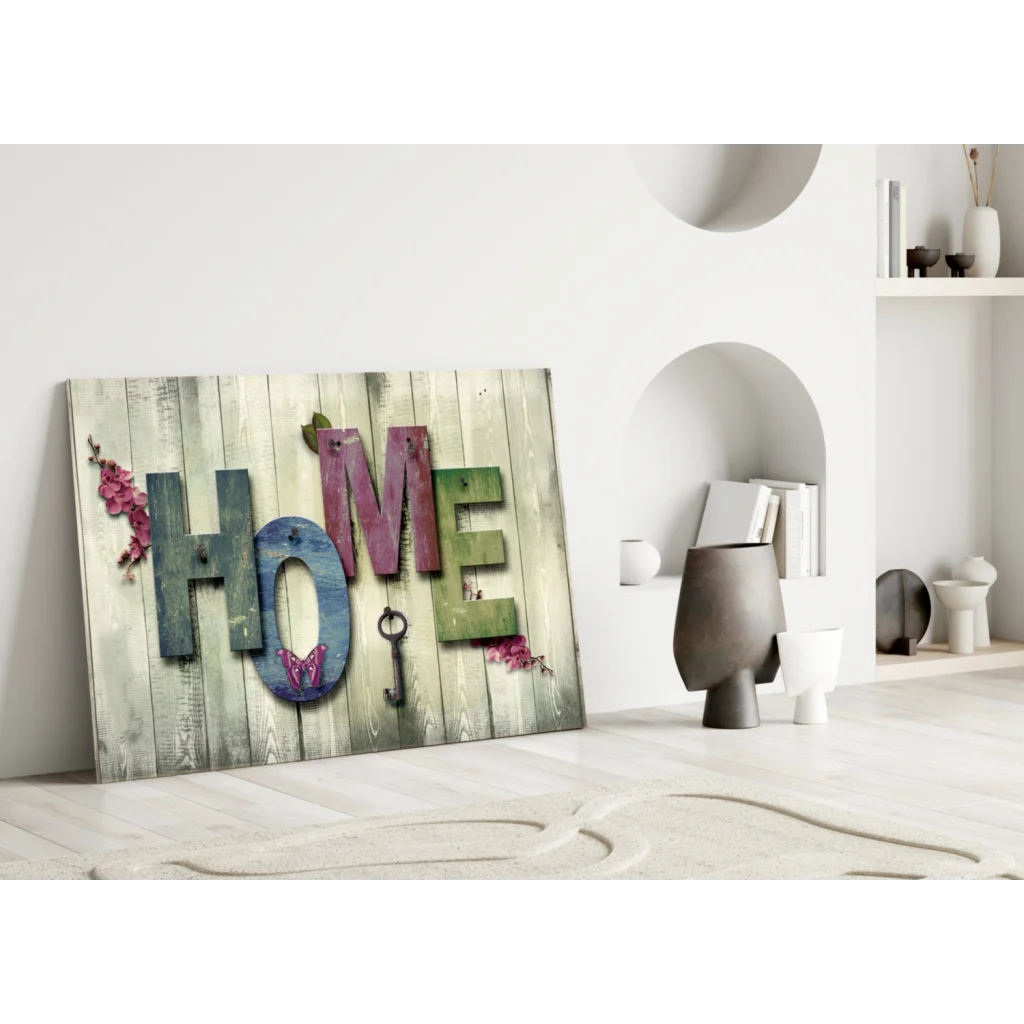 Rustic wooden wall art spells home with colorful flowers and butterfly