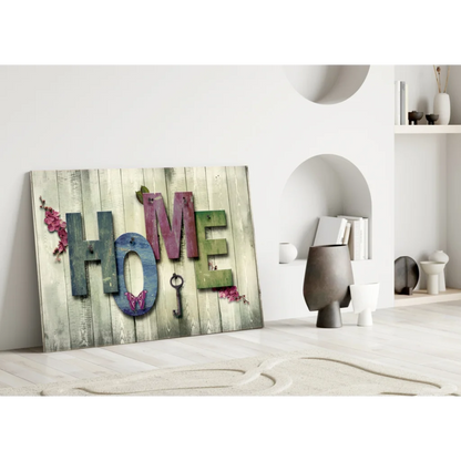 Rustic wooden wall art spells home with colorful flowers and butterfly