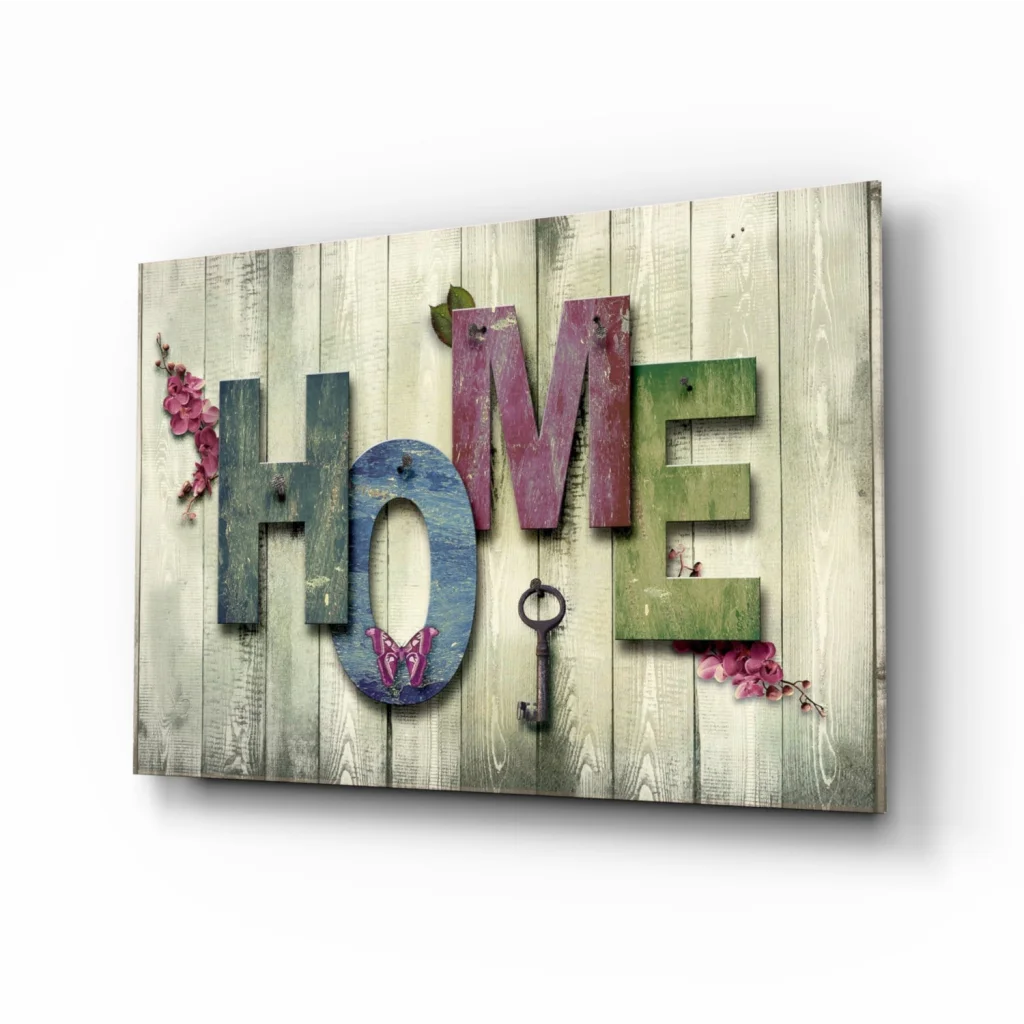 Rustic wooden wall art with Home in distressed letters, key, pink flowers