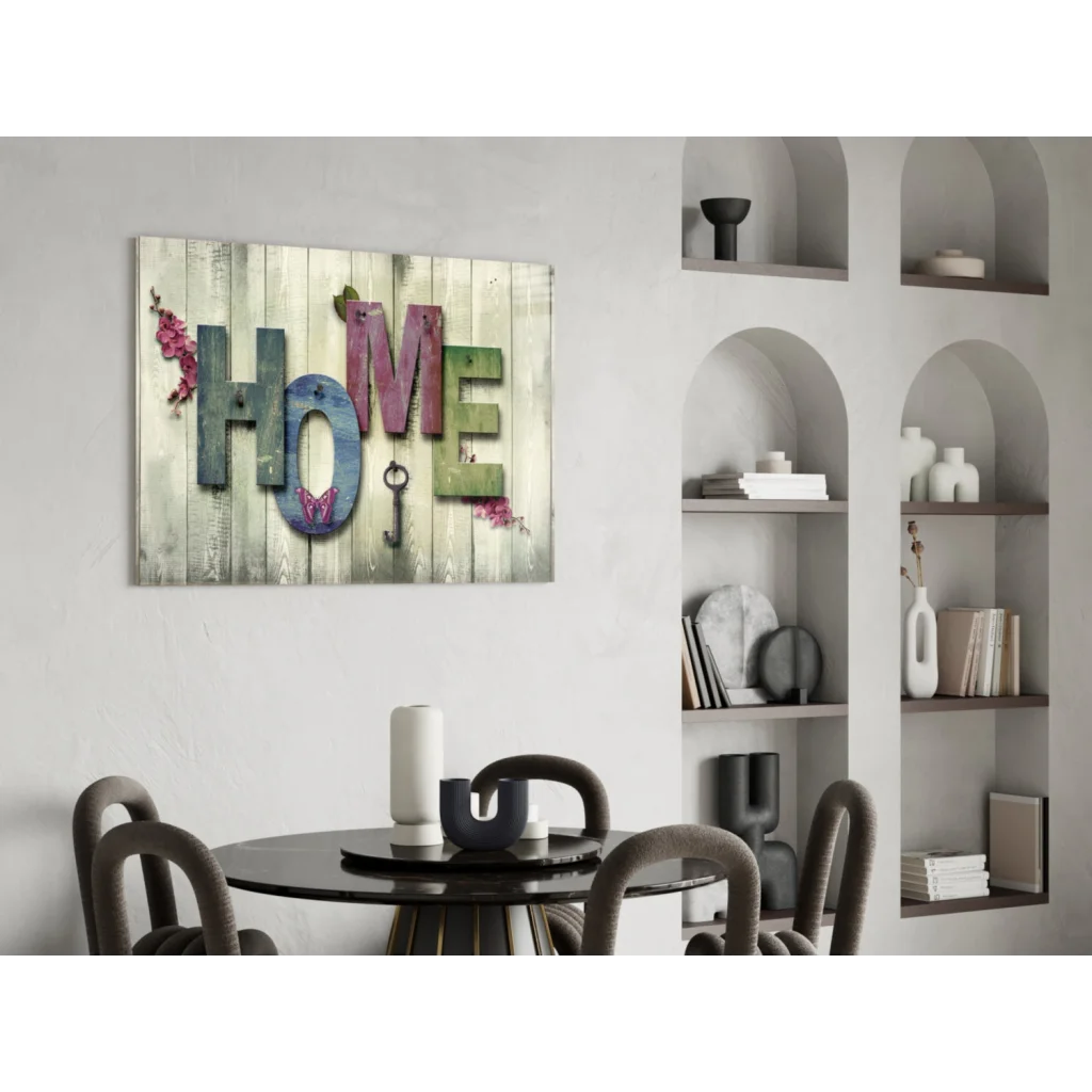 Rustic wooden wall art with Home in distressed letters, key and flowers