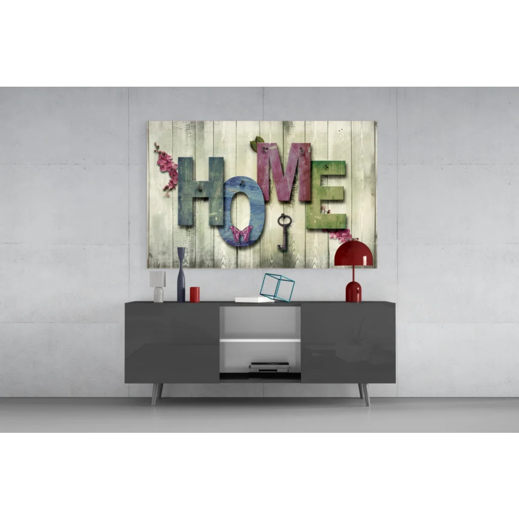 Rustic wooden home wall art with colorful letters, key, butterflies