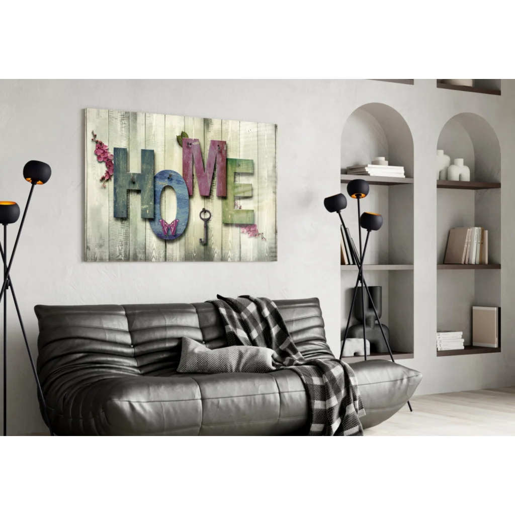 Rustic wooden wall art with home in distressed letters, key and butterflies